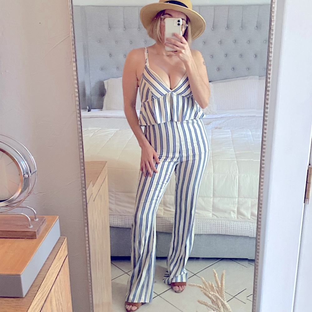 BCBGeneration Striped Peplum Jumpsuit